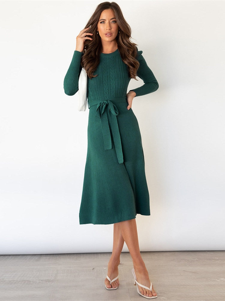 Damen Langarm Gestricktes Jumper-Kleid - A-Linie & Mit Gürtel