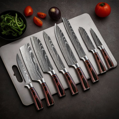 8-teiliges Kochmesser Set – Chefmesser mit Damast-Design