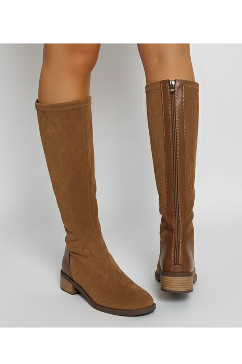 Damen Braune Kniehohe Stiefel - Blockabsatz mit Reißverschluss