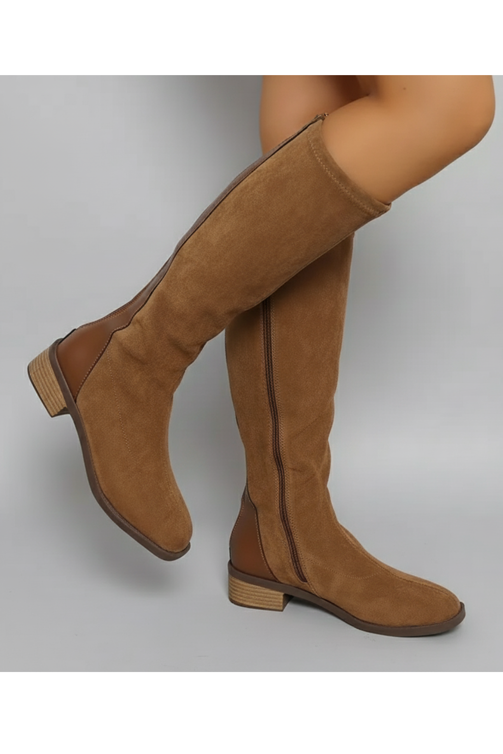 Damen Braune Kniehohe Stiefel - Blockabsatz mit Reißverschluss