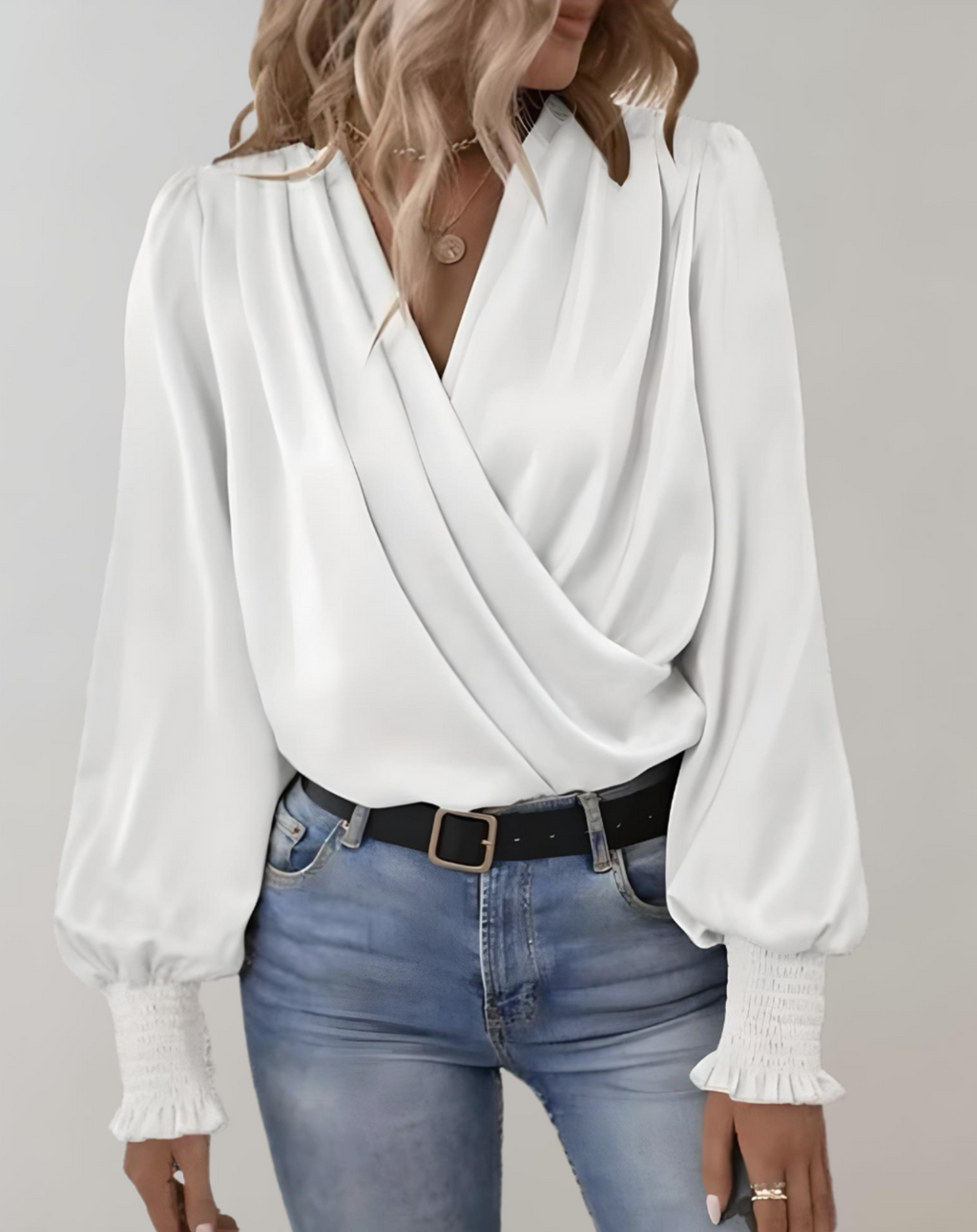 Damen V-Ausschnitt Wickelbluse - Fließend mit gerafften Ärmeln Top