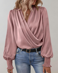 Damen V-Ausschnitt Wickelbluse - Fließend mit gerafften Ärmeln Top