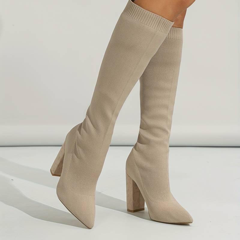 Damen Kniehohe Sockenstiefel - Stretch-Strick & Blockabsatz