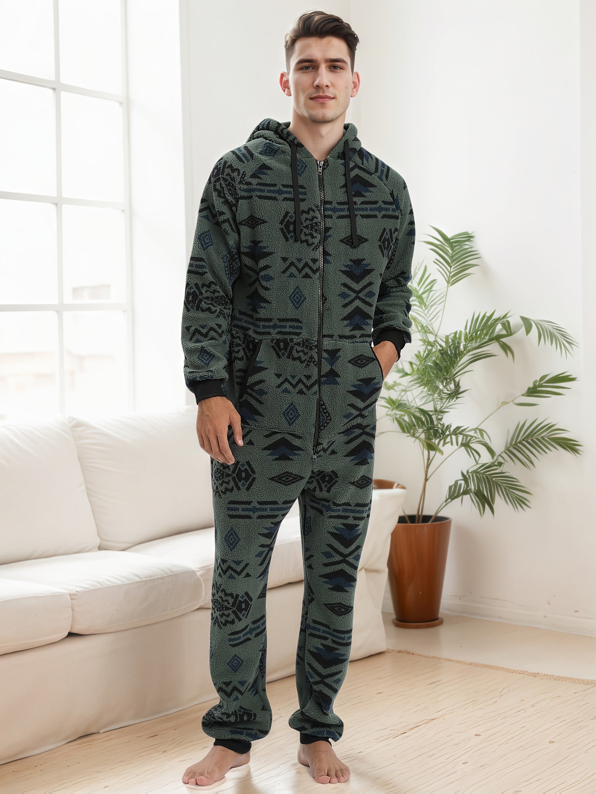 Herren Bedruckter Loungewear Onesie - Kapuzen-Pyjamaanzug
