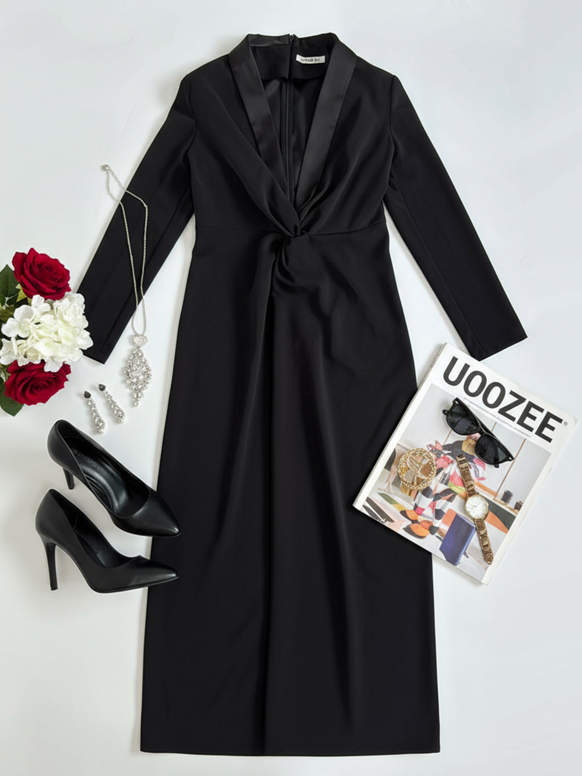 Damen Schwarz Maxikleid– Tailliert mit Tiefem V-Ausschnitt