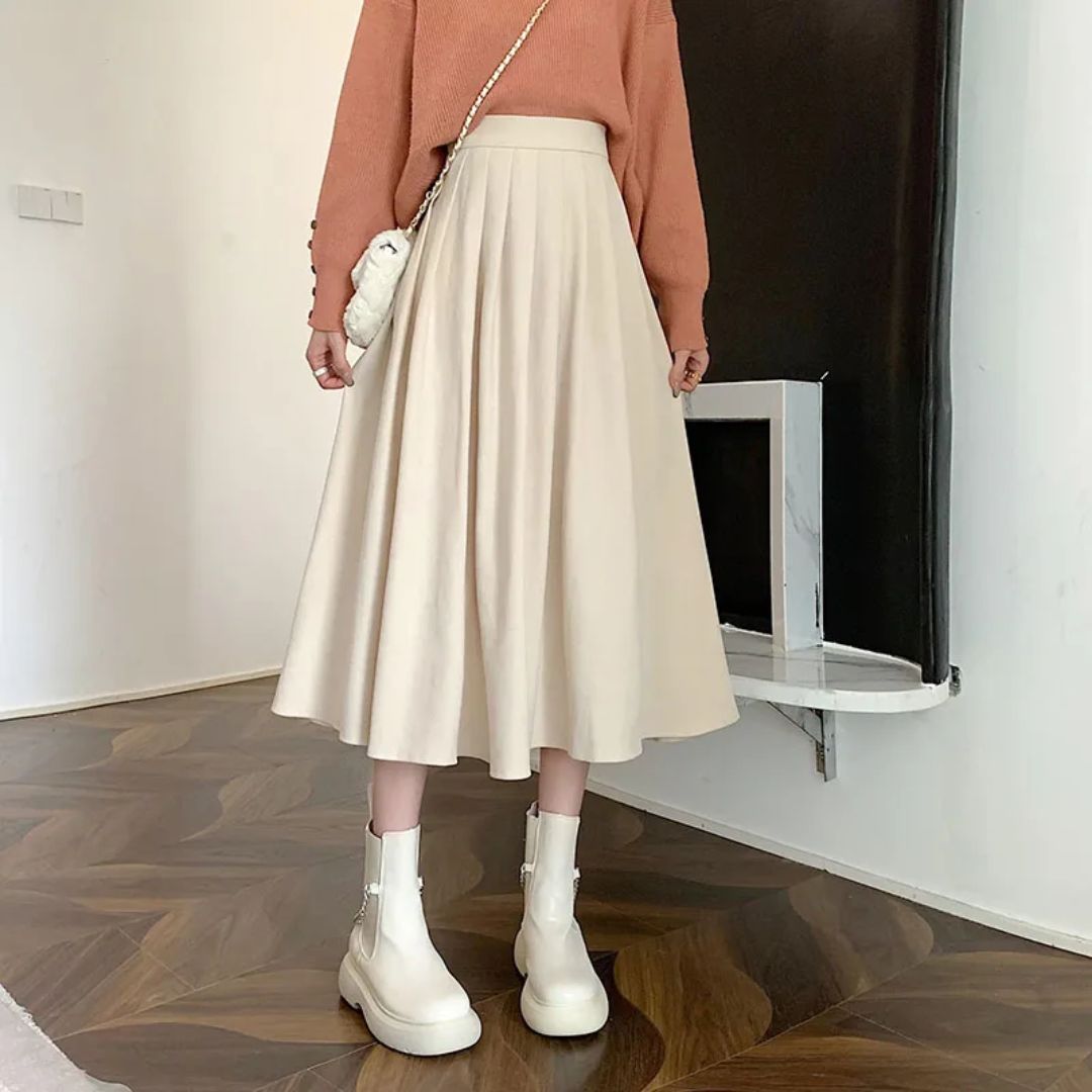 Damen Faltenrock Midi - Hochtaillierte A-Linie