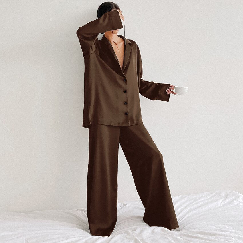 Damen 2-teiliges Pyjama-Set - Knopfleiste & Weite Hose
