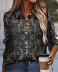 Damen Blaue Bluse - Barock-Muster mit Knopfleiste