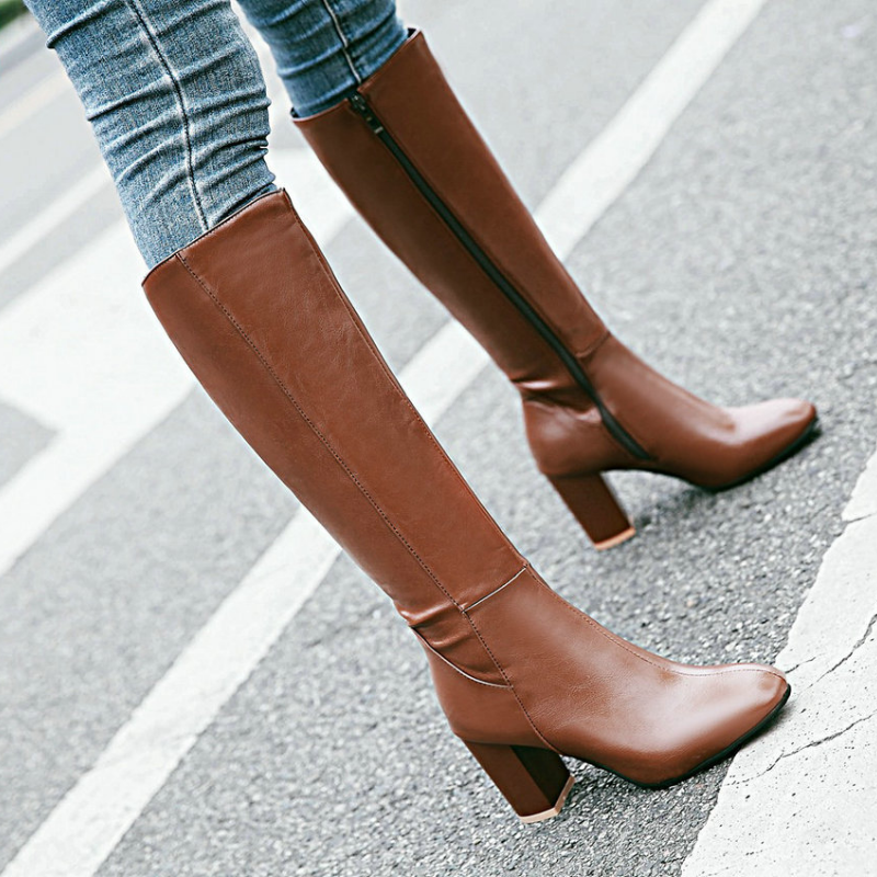 Damen Kniehohe Stiefel - Blockabsatz & Seitenreißverschluss