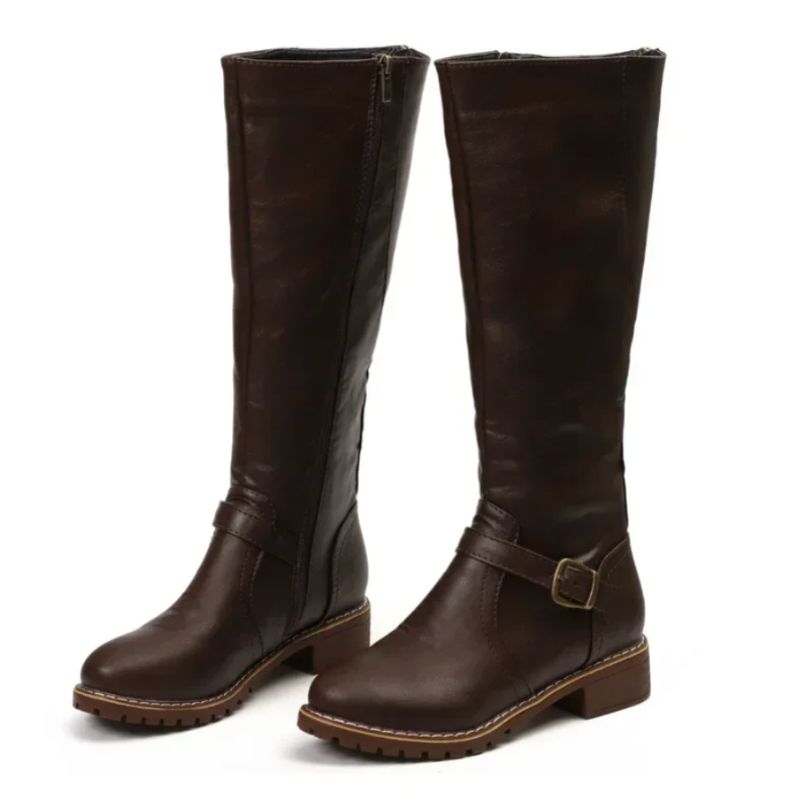 Damen Kniehohe Stiefel - Schnalle & Niedriger Blockabsatz