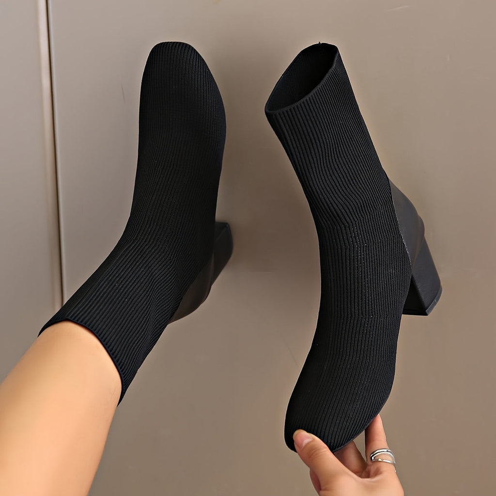 Damen Schwarze Gestrickte Stiefelette - Mittelhoher Blockabsatz
