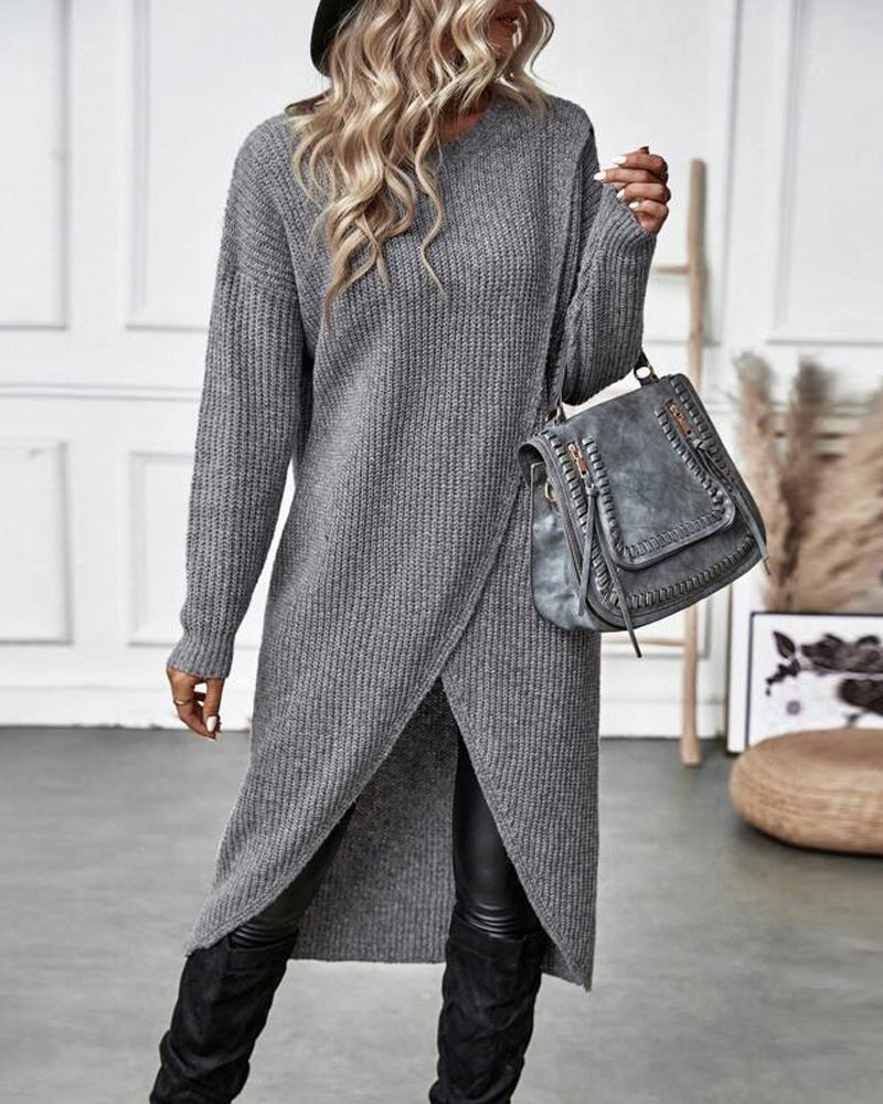 Damen Midi Pulloverkleid - Asymmetrischer Wickel-Stil mit Langarm