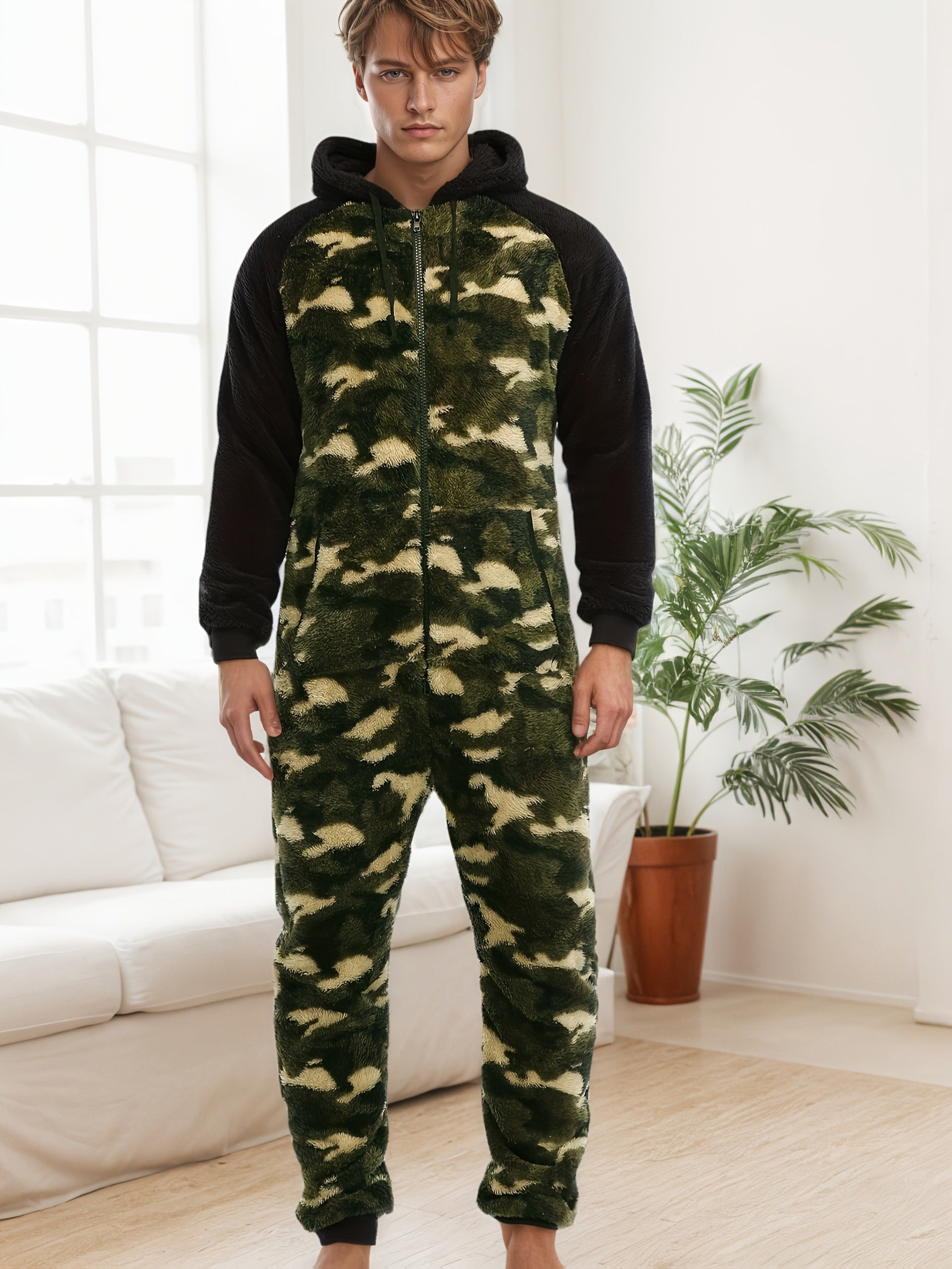 Herren Bedruckter Loungewear Onesie - Kapuzen-Pyjamaanzug