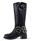 Damen Schwarze kniehohe Stiefel - Schnallen & Reißverschluss