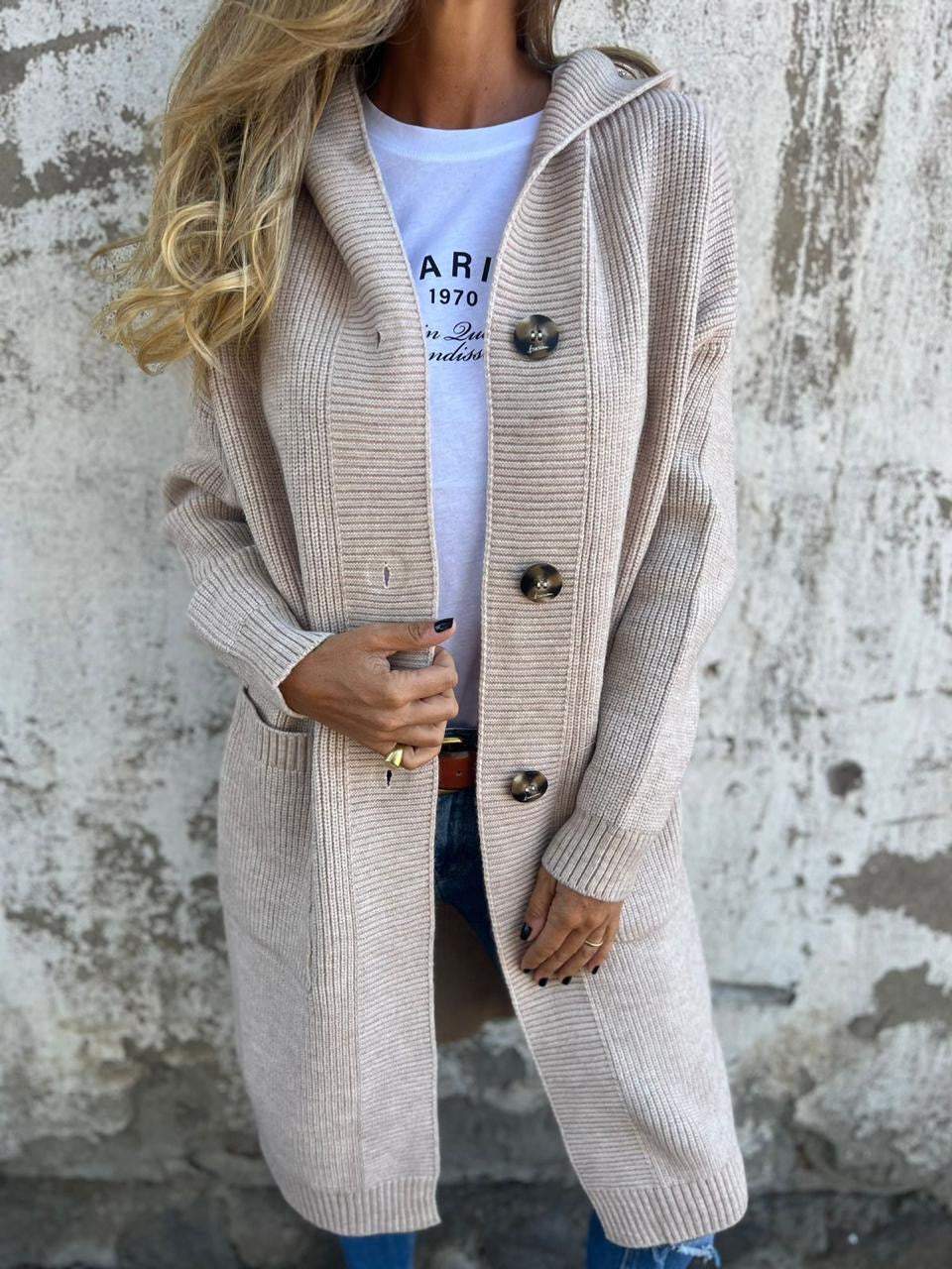 Damen Lang-Cardigan - Gerippter Strick mit Knöpfen