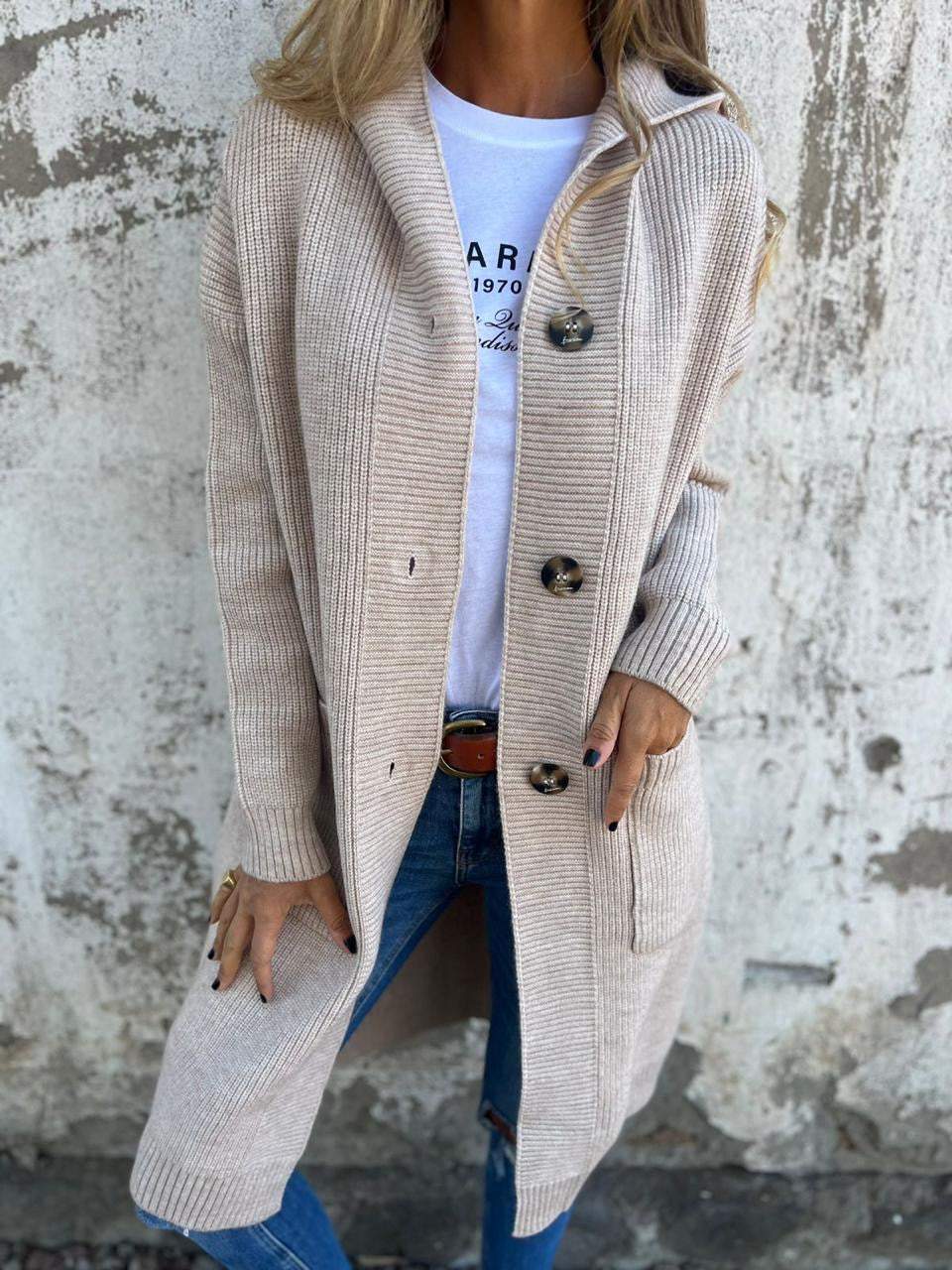 Damen Lang-Cardigan - Gerippter Strick mit Knöpfen