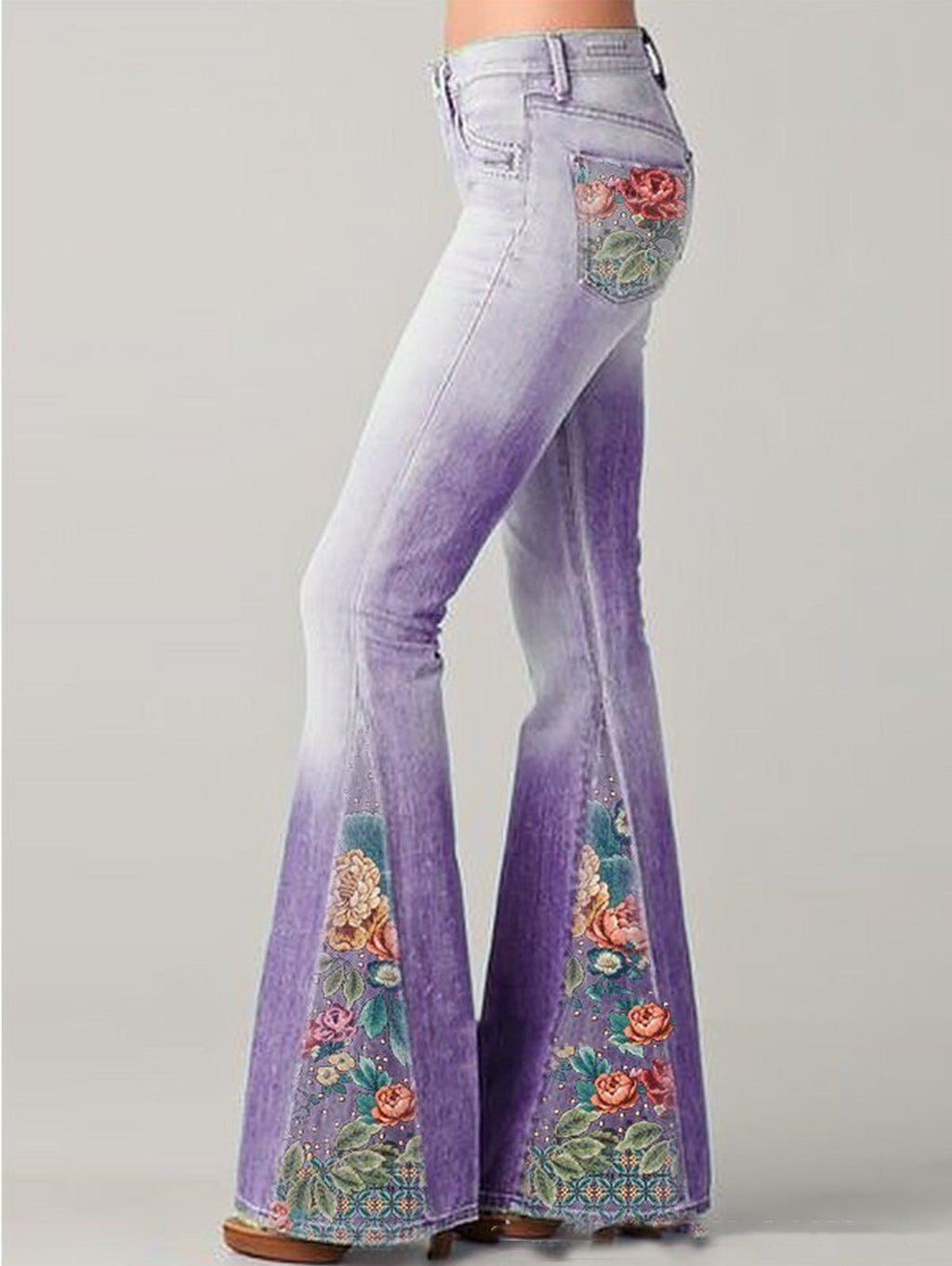 Damen Bestickte Schlagjeans  - Blumenmuster