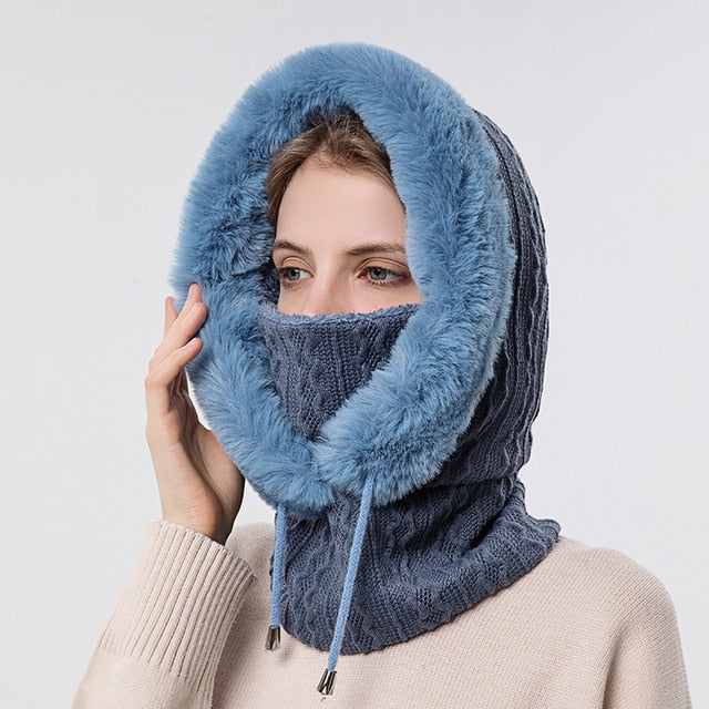Damen Gestrickte Balaclava Mütze - Hoodie & Plüschbesatz