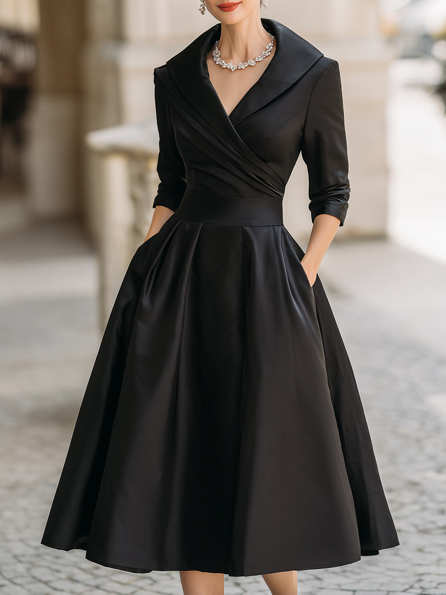 Damen A-Linien Midi Kleid - Plissierter Rock mit Taschen