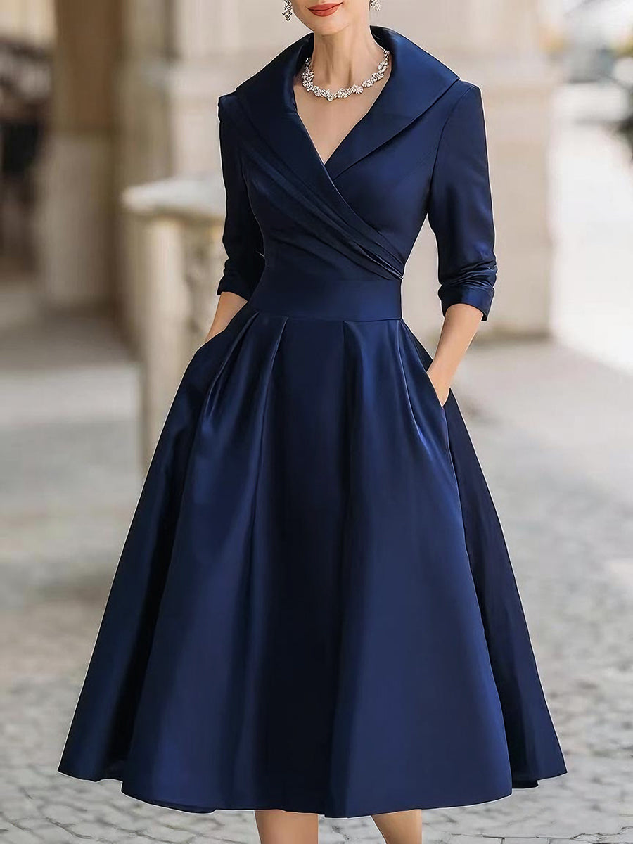Damen A-Linien Midi Kleid - Plissierter Rock mit Taschen