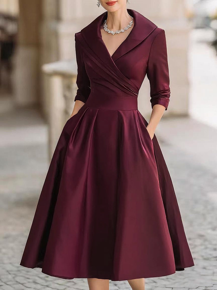 Damen A-Linien Midi Kleid - Plissierter Rock mit Taschen