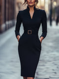 Damen Gürtel Midi Kleid - Mandarin Kragen mit Taschen
