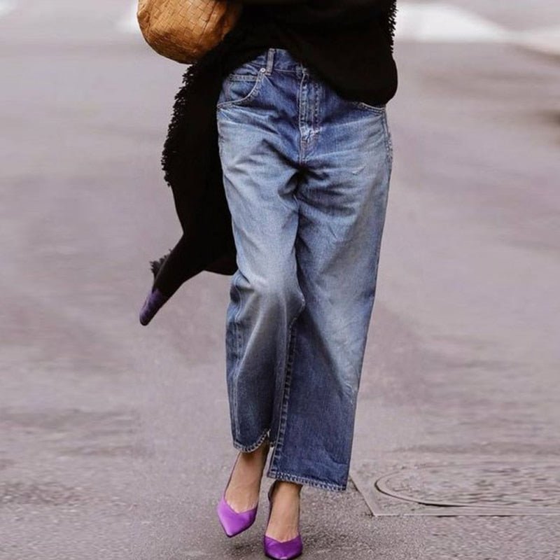 Damen Blaue Weite Jeans - Locker & Verwaschener Look