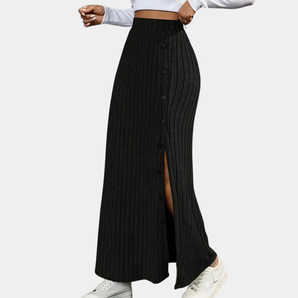 Damen Gerippter Maxi Rock - Seitenschlitz mit Knöpfen