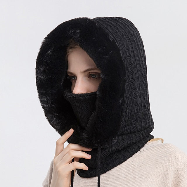 Damen Gestrickte Balaclava Mütze - Hoodie & Plüschbesatz