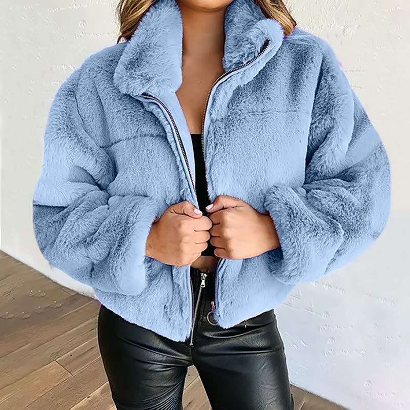 Damen Kunstpelz-Jacke mit hohem Kragen – Lockere Passform